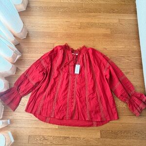 Red Long Sleeve Blouse with Lace Details
